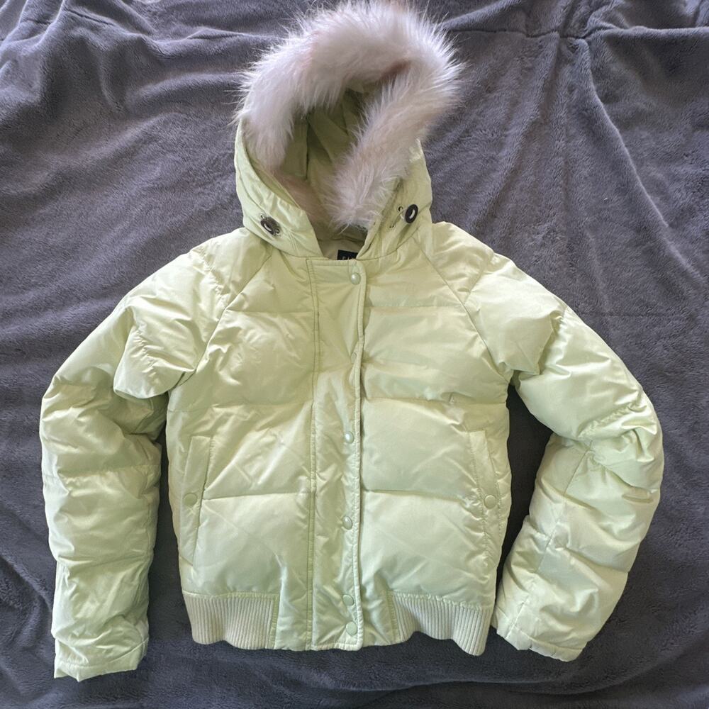 Vintage Gap Jacket Womens Small Neon Green Cropped Down Puffer Faux Fur Y2K